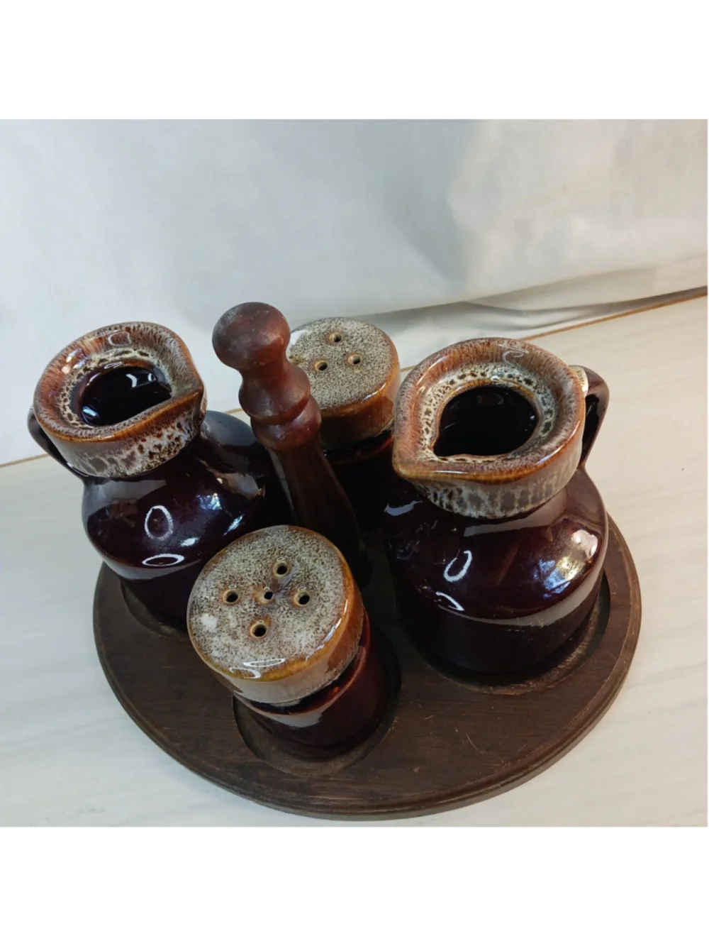 VTG Brown Drip Glaze Salt Pepper Lazy Susan Oil Vinegar Cruet Set No Lids